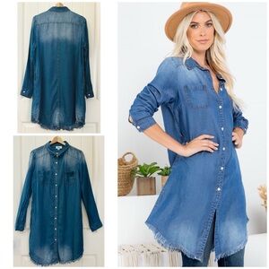 Zia Raw Hem Long Sleeve Button Front Stretch Washed Denim Tunic Dress Blue